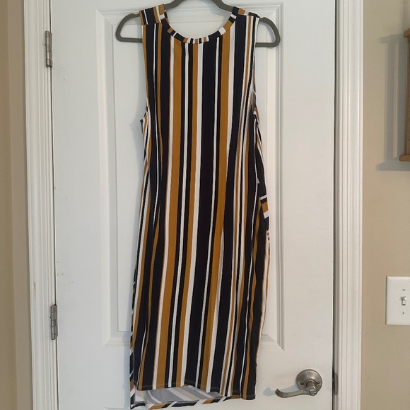 Allison Joy Navy and Gold Stripped Faux Wrap Dress - Picture 3 of 7